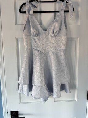 NWT Fashion Nova Sweet Girl Era Romper Light Blue Lace Tie Strap Flowy Size M